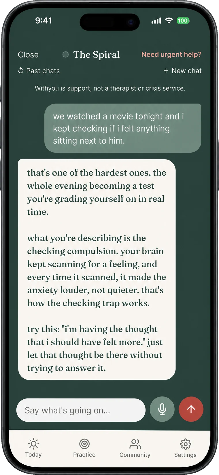 The Spiral chat: the companion gently declines to say whether the doubt is real and offers to sit with not-knowing.