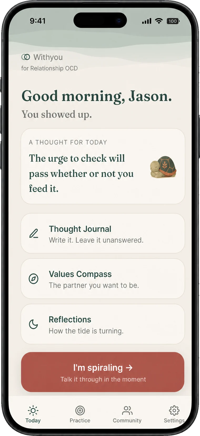 The Withyou Today screen: a warm greeting, one thought for today, and the I'm-spiraling button.
